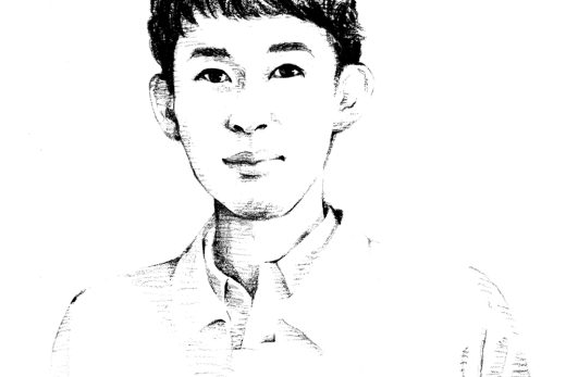 微笑む若い男性のモノクロ似顔絵、ポートレート、シンプル線画