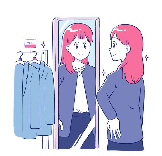 鏡でジャケットを確認する女性イラスト