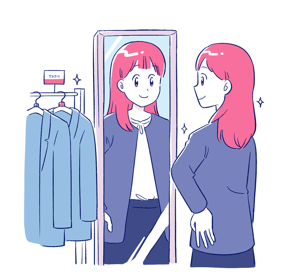 鏡でジャケットを確認する女性イラスト