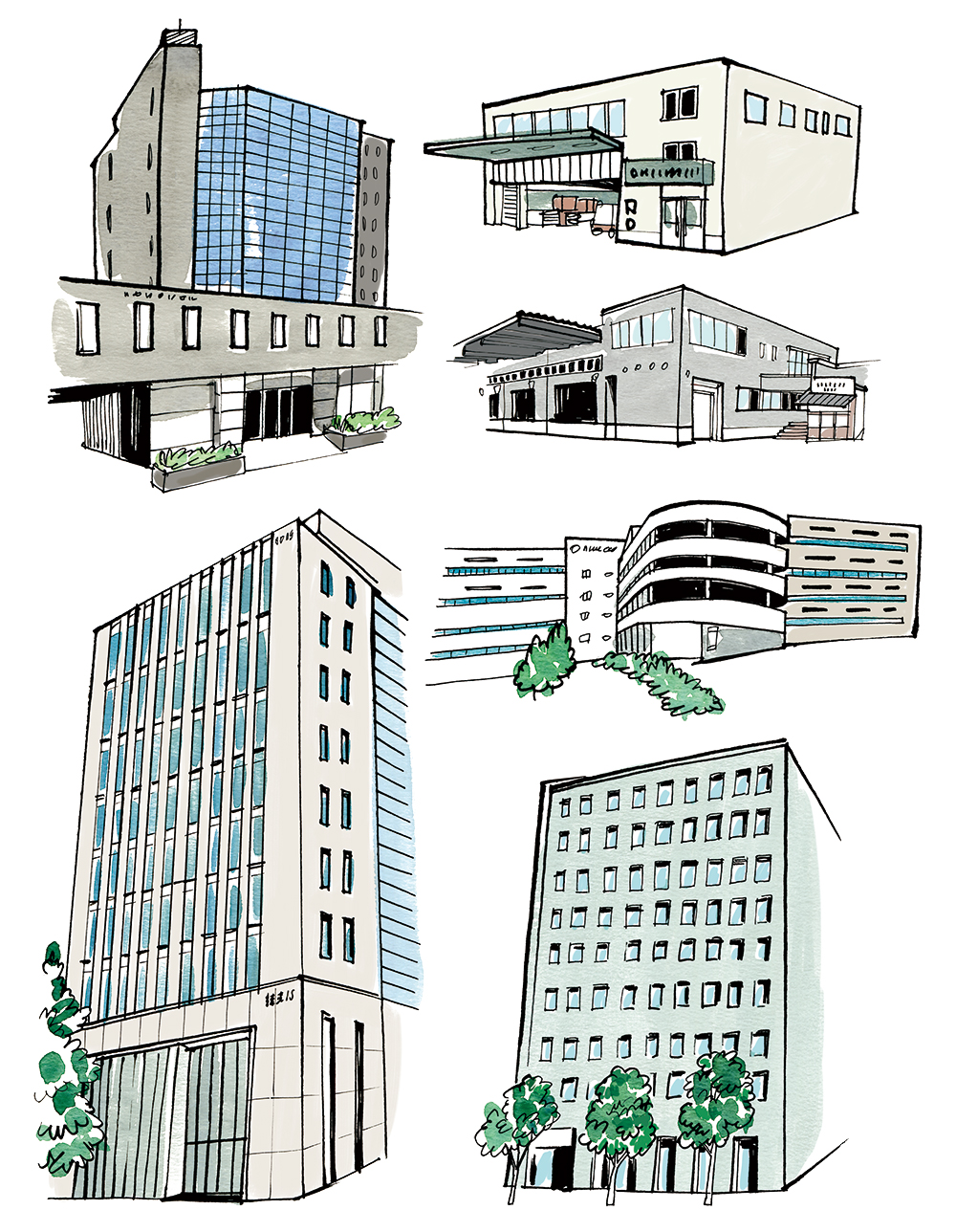 ビルやオフィス、商業施設の建物イラストセット