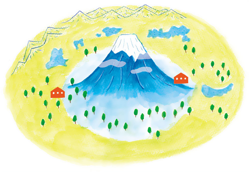 富士山と周辺の自然を描いたカラフルなイラスト