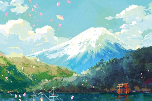 富士山と湖、桜の花びらと観光船の春景色