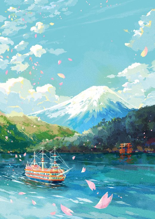 富士山と湖、桜の花びらと観光船の春景色