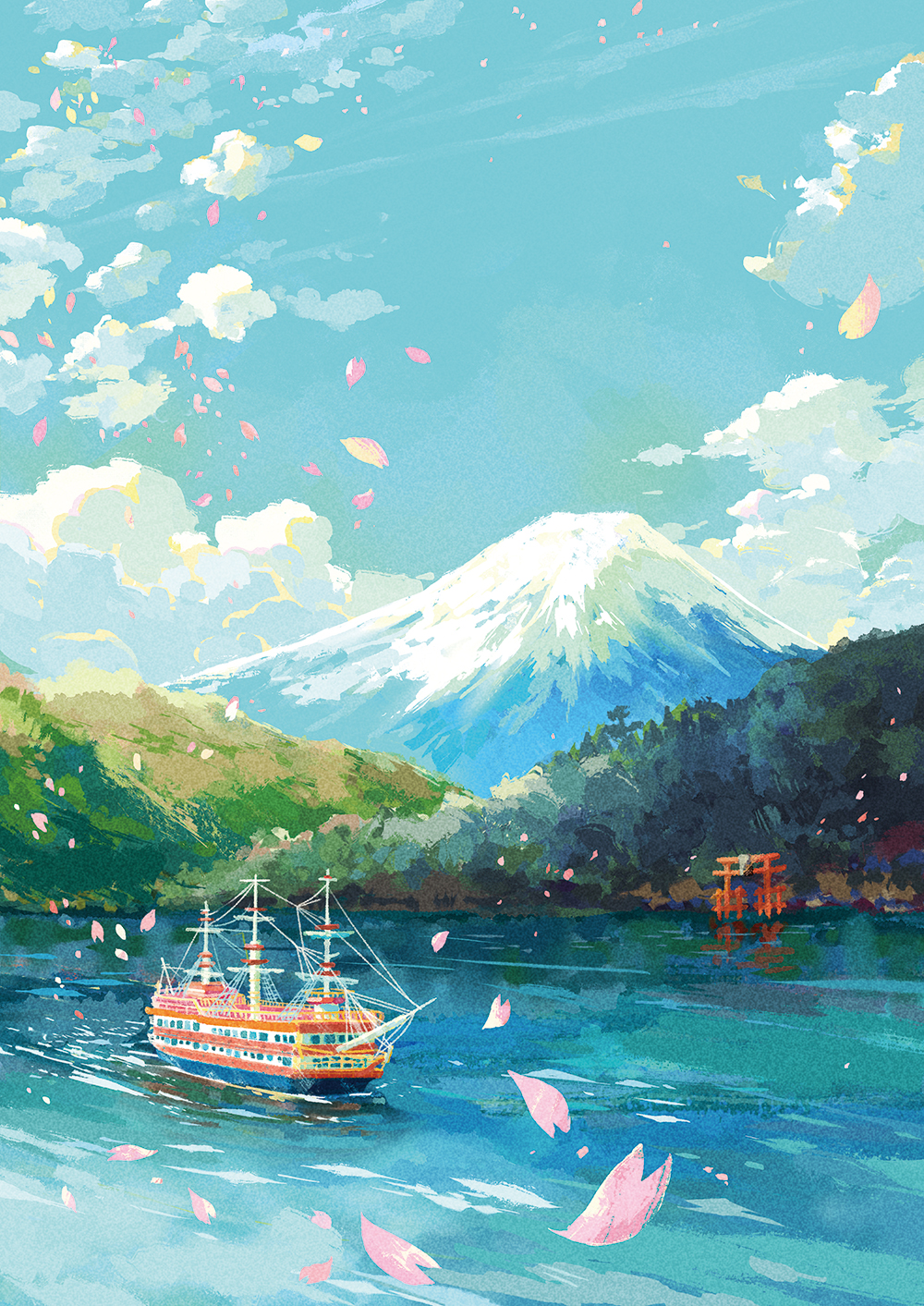 富士山と湖、桜の花びらと観光船の春景色
