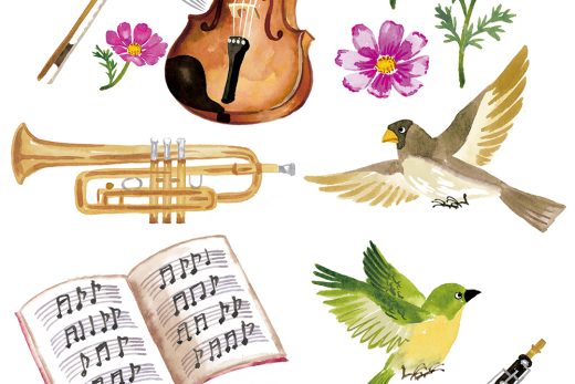 musical instruments, birds, flowers, music notes