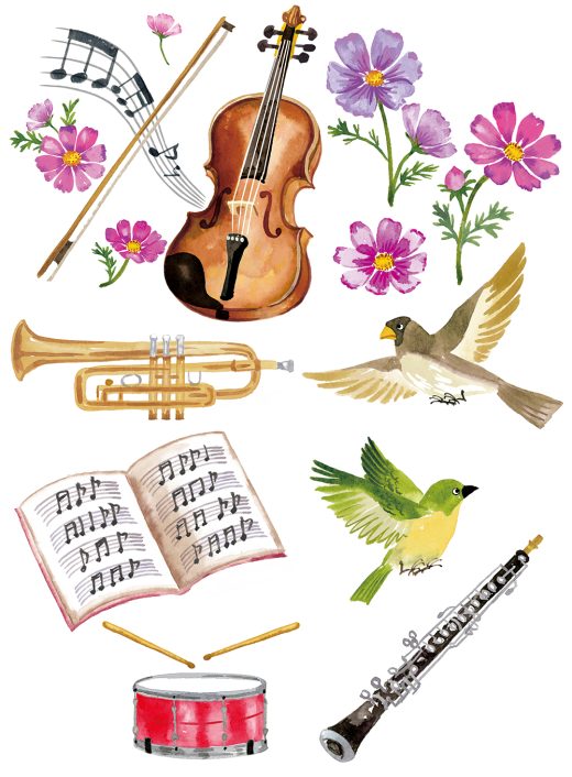 musical instruments, birds, flowers, music notes