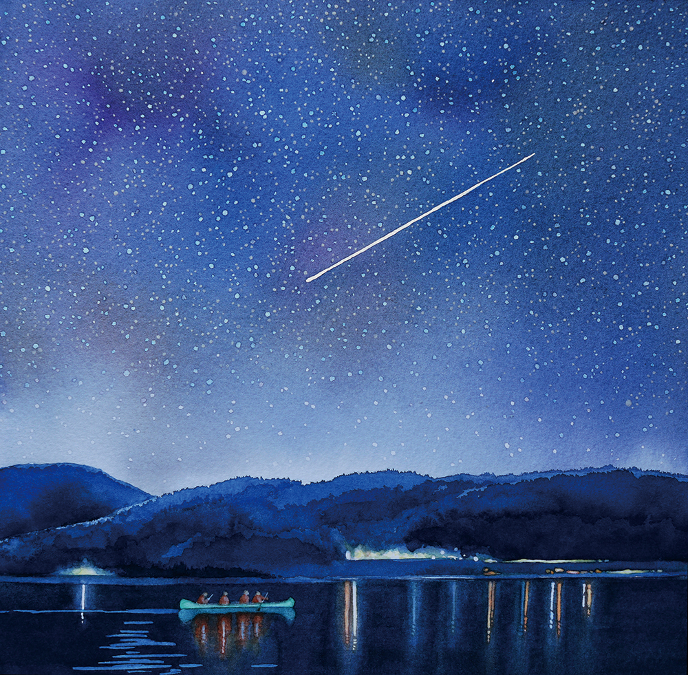 夜空 湖 カヌー 星 水彩 風景