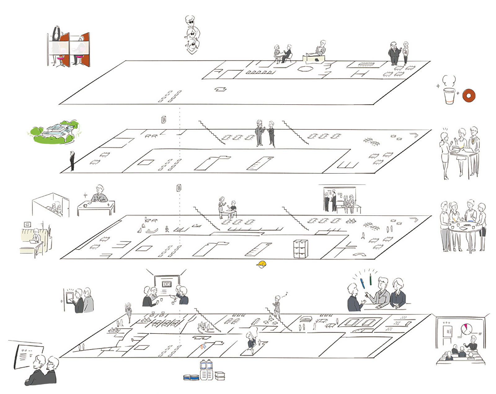 オフィスビルの透視図的な階層レイアウトと業務シーンのイラスト