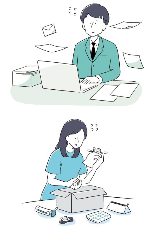 働いている男性会社員と引っ越し準備をする女性のイラスト