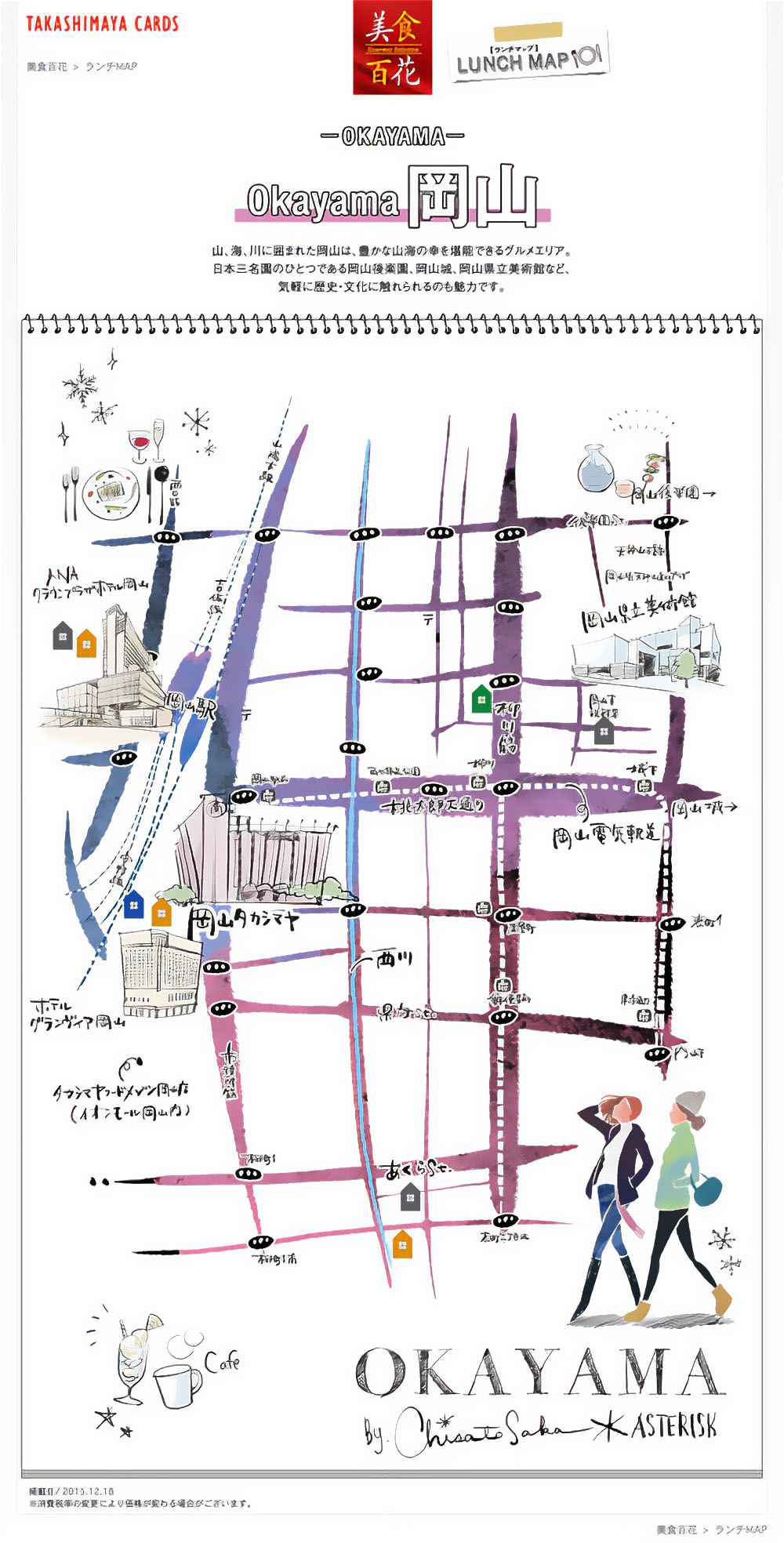 岡山駅周辺のランチスポットと観光地を示す手書き風地図イラスト