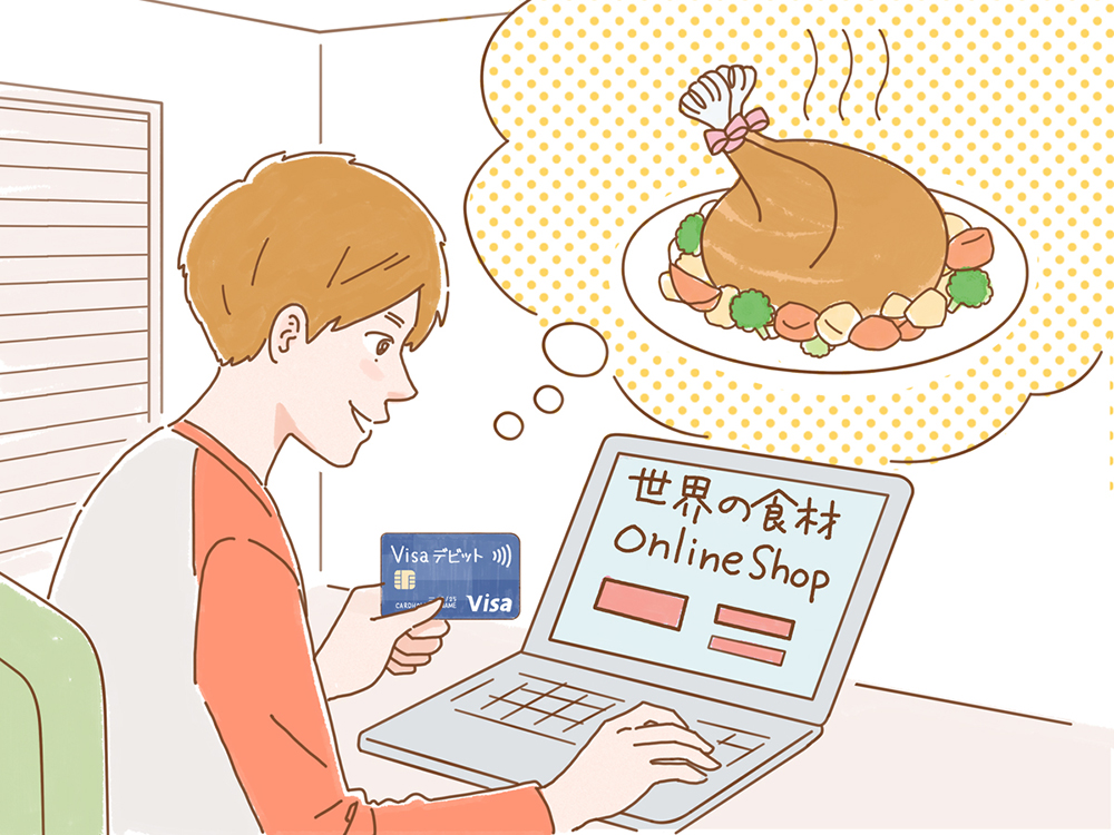 Visaデビットカードでオンラインショップから食品を購入する男性のイラスト