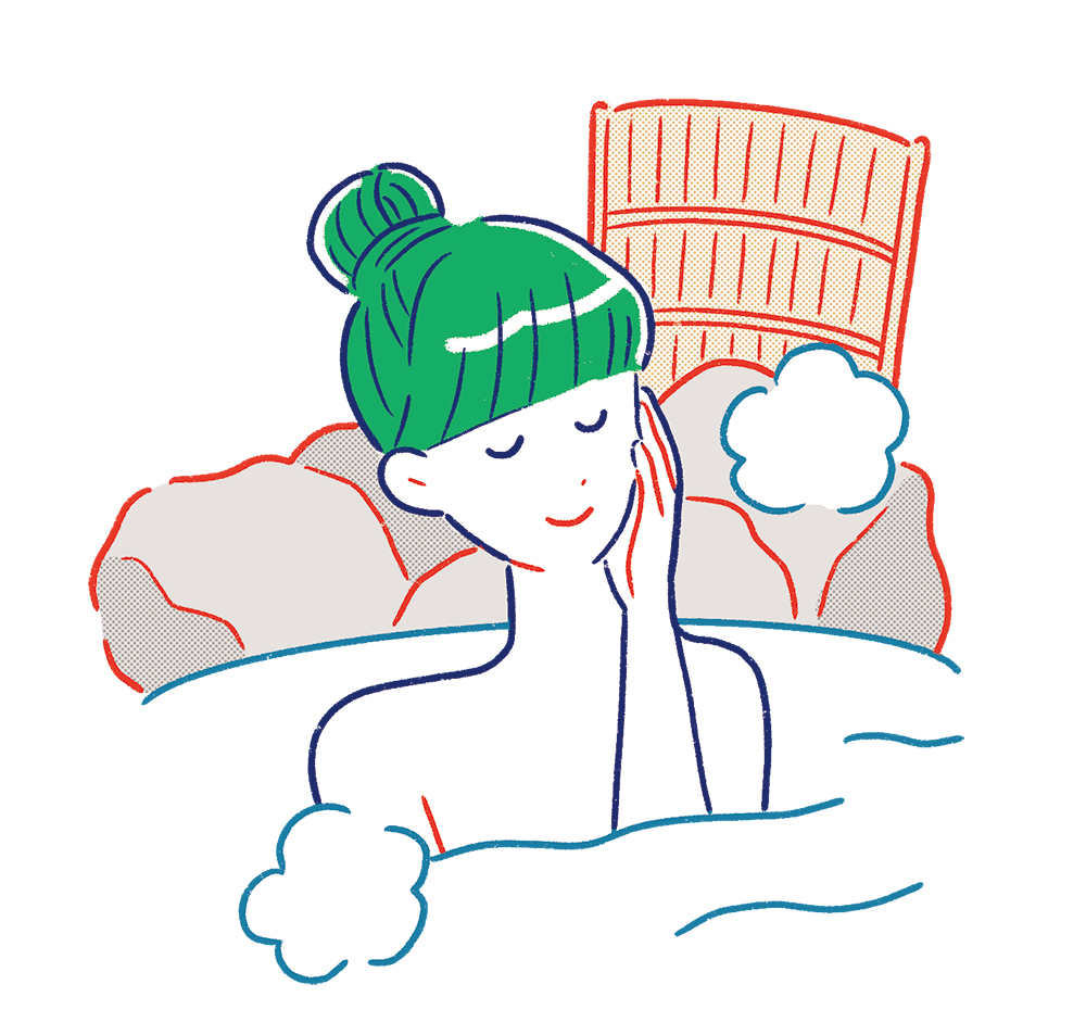 岩風呂の露天風呂に浸かり、目を閉じて頬に手を当ててリラックスしているグリーンの髪の女性のイラスト。湯気とお湯の波紋が描かれた、レトロな色使いのデザイン。