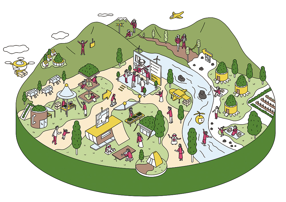 rural outdoor activity zone with people, tents, drones, and nature