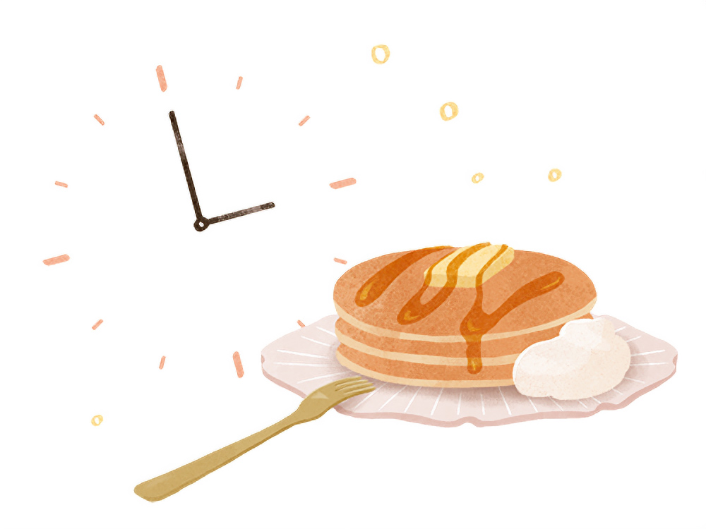 パンケーキの朝食と時計のイラスト