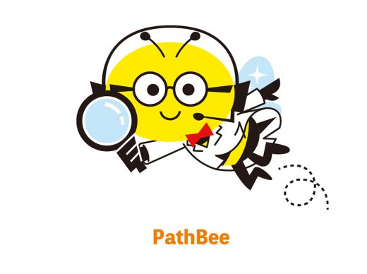 白衣を着て虫眼鏡を持つミツバチ、PathBeeキャラクター、分析・調査のイラスト