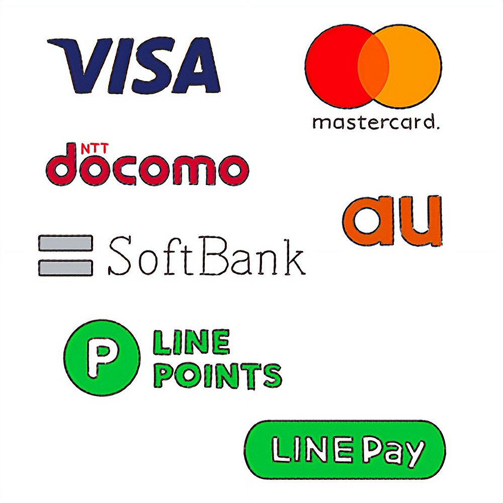 Visa、Mastercard、NTTドコモ、SoftBank、au、LINE POINTS、LINE Payのロゴのイラスト