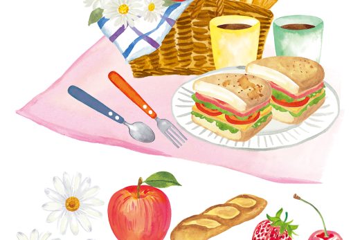 水彩で描かれたピクニックバスケットとサンドイッチ、果物