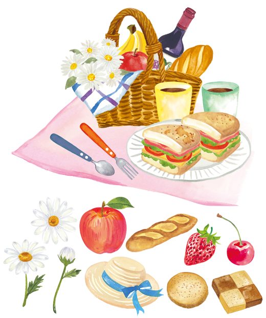 水彩で描かれたピクニックバスケットとサンドイッチ、果物