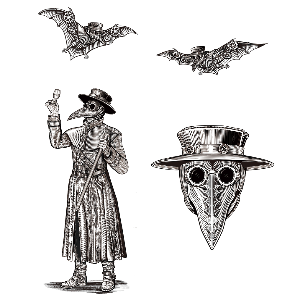 ペストマスク, スチームパンク, キャラクター線画, 歯車, コウモリ, 全身イラスト