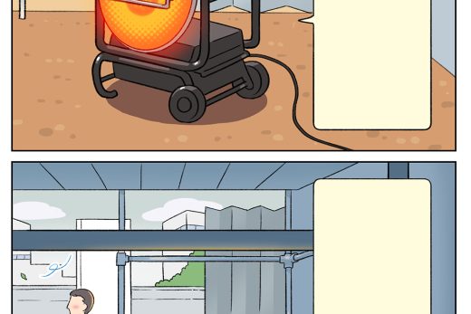 擬人化された可搬型ヒーターと作業員の休憩風景