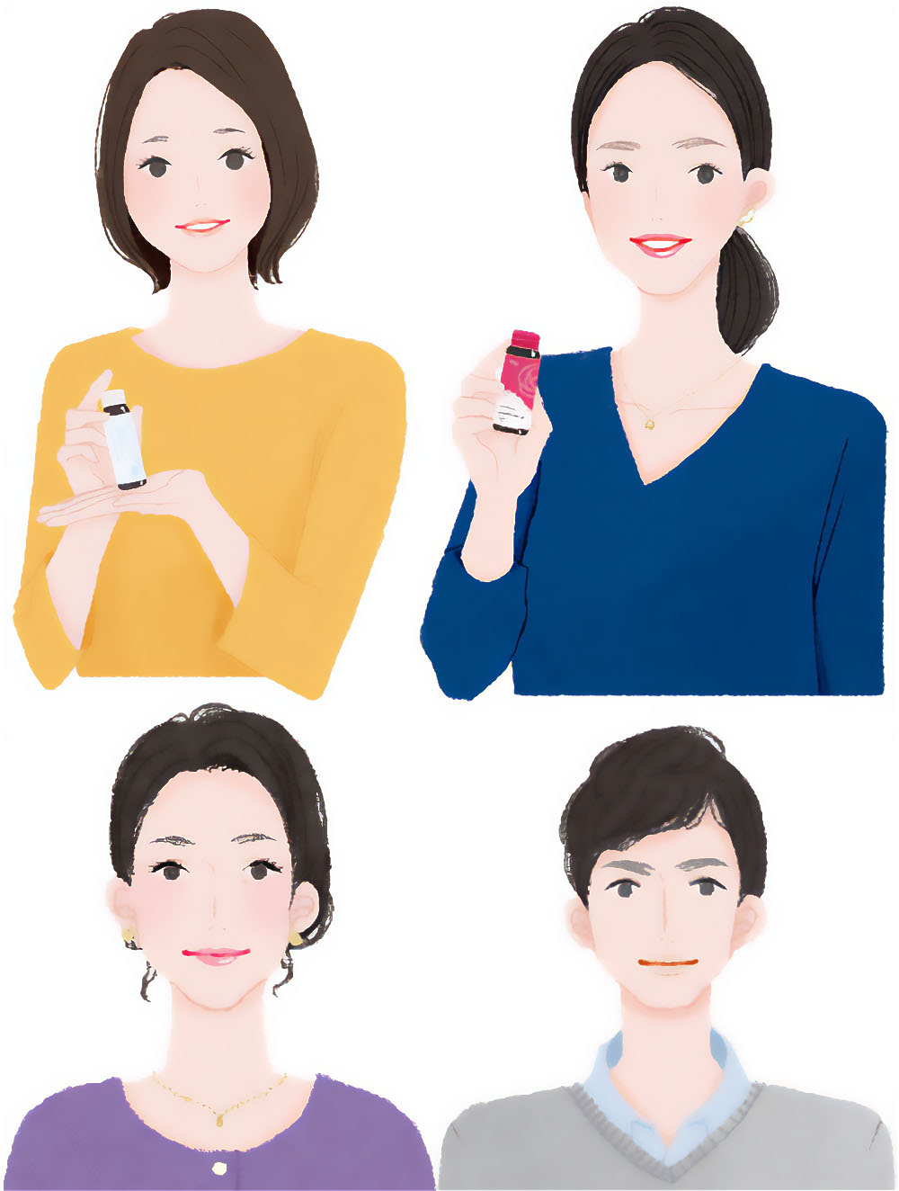 4人の人物が製品を持っているイラスト