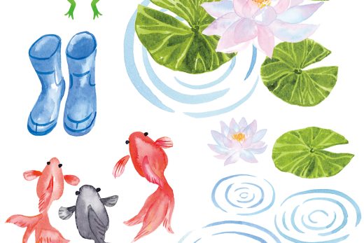 watercolor frog lotus goldfish rain items