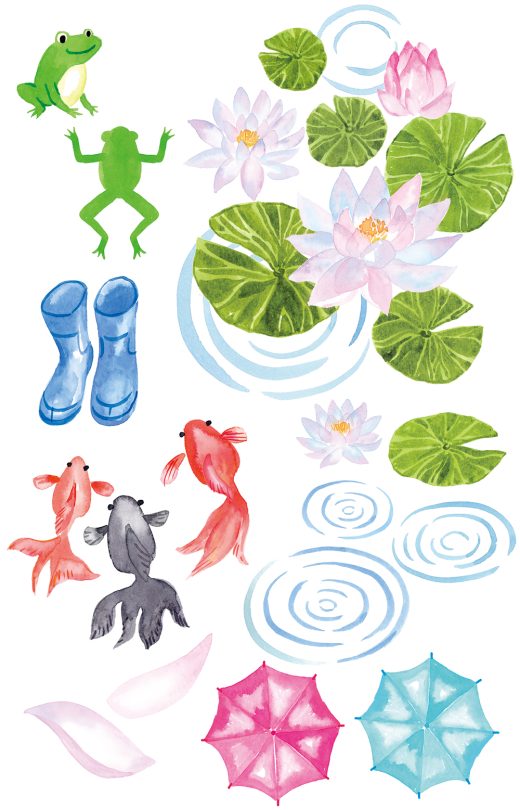 watercolor frog lotus goldfish rain items