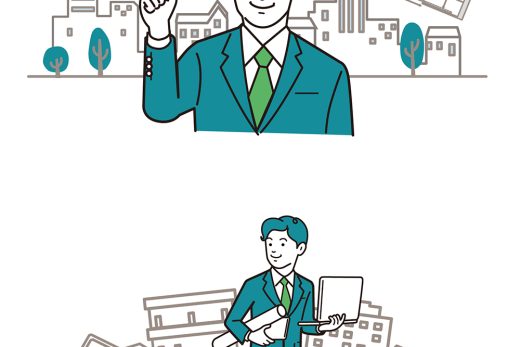 建築図面を示すスーツ姿の男性