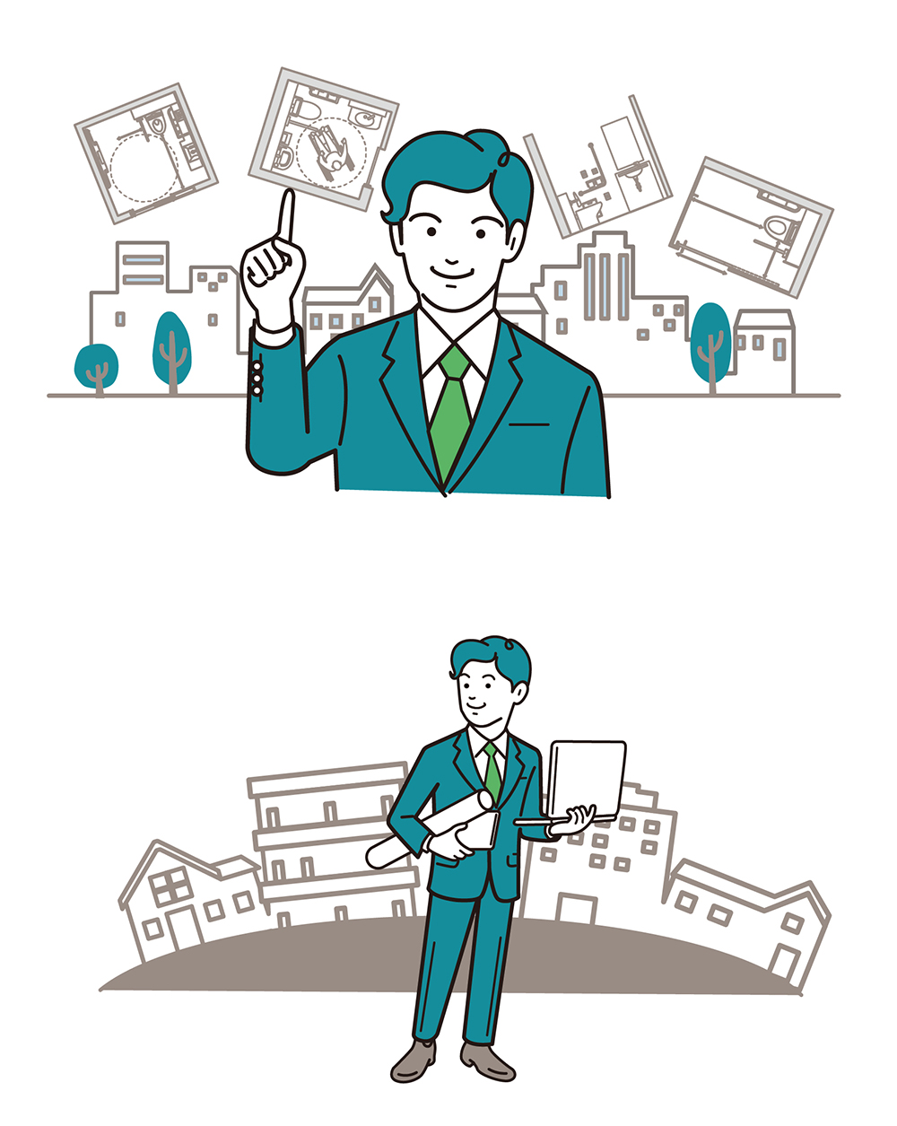 建築図面を示すスーツ姿の男性