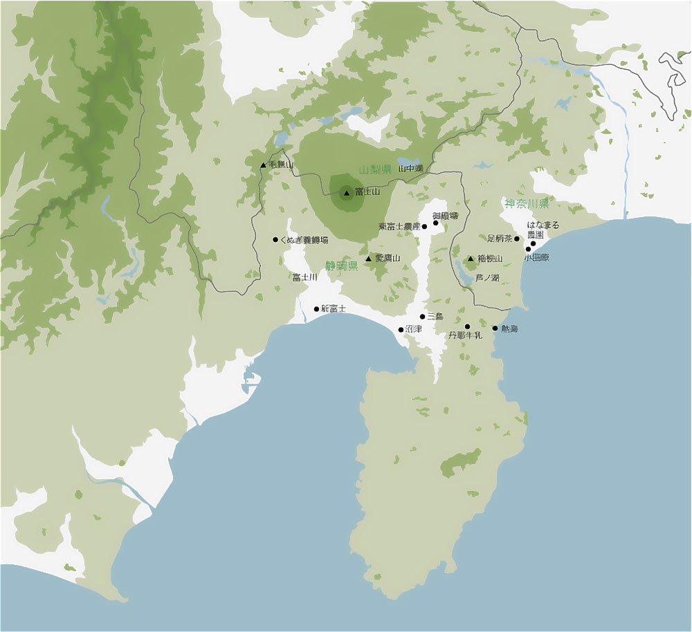 山梨県、静岡県、神奈川県の地図の俯瞰図イラスト