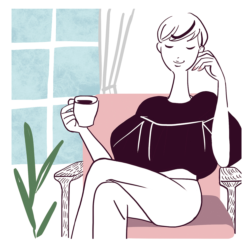 woman drinking coffee, relaxing, simple style