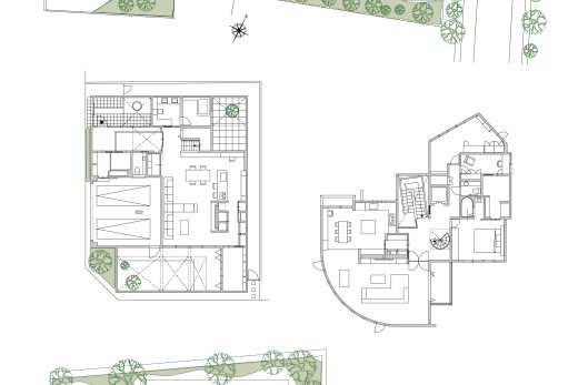 multiple residential architectural floor plans, garden layout, room zoning