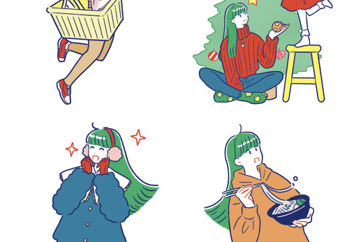 80年代シティーポップ風の女性イラスト4種セット。買い物（鯛とネギ）、クリスマスツリーの飾り付け、冬の装いで喜ぶ姿、うどんを食べる姿の各シーンをまとめたライフスタイルイラスト集。