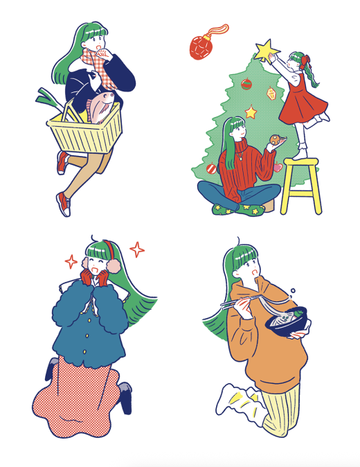 80年代シティーポップ風の女性イラスト4種セット。買い物（鯛とネギ）、クリスマスツリーの飾り付け、冬の装いで喜ぶ姿、うどんを食べる姿の各シーンをまとめたライフスタイルイラスト集。
