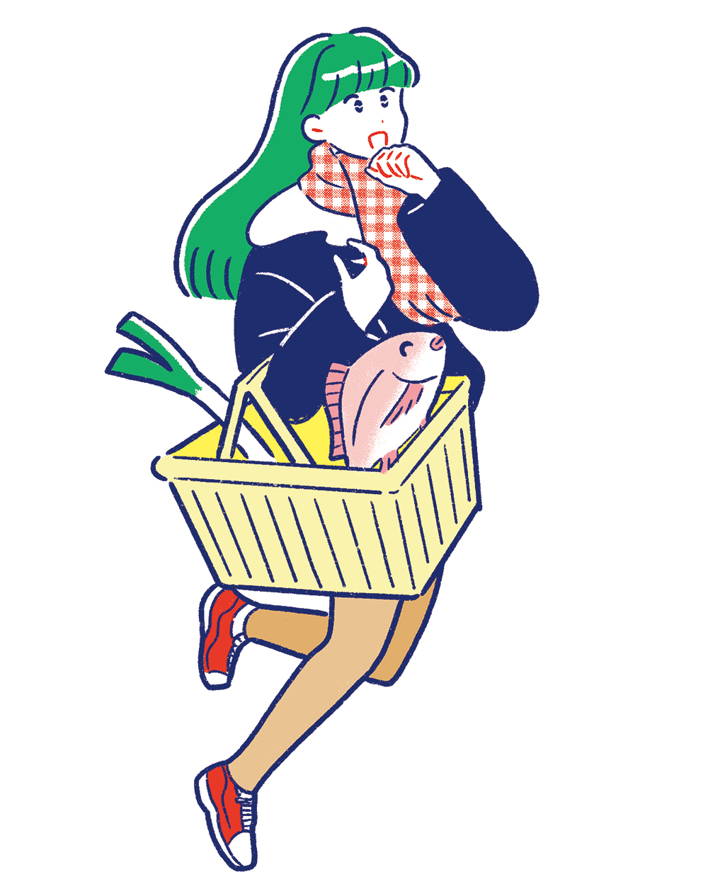 青いコートと赤いチェックのマフラーを身につけ、買い物かごを抱えて走るグリーンの髪の女性。かごの中には長ネギと大きな鯛が入っている、レトロな色使いのイラスト。