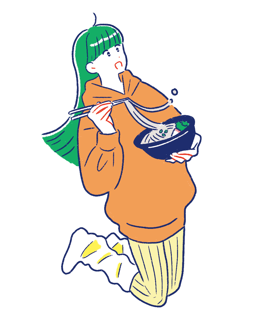 オレンジ色のパーカーを着用したグリーンの長い髪の女性が、器を持って麺(うどんや蕎麦)を箸で持ち上げているイラスト。躍動感のあるレトロポップなタッチのデザイン。