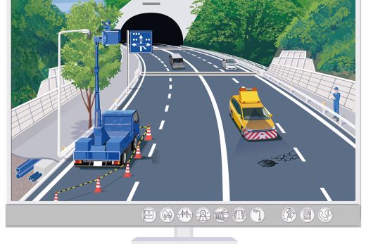 道路点検作業車とトンネル前のひび割れ確認