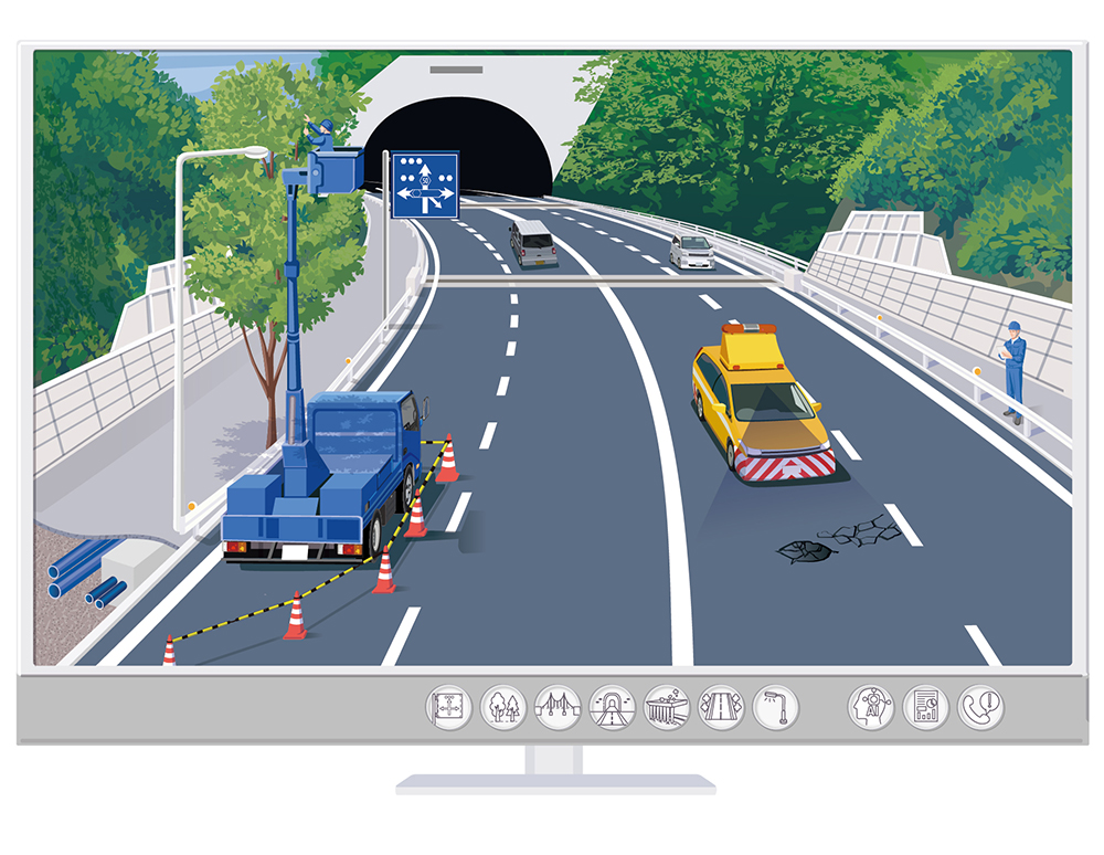 道路点検作業車とトンネル前のひび割れ確認