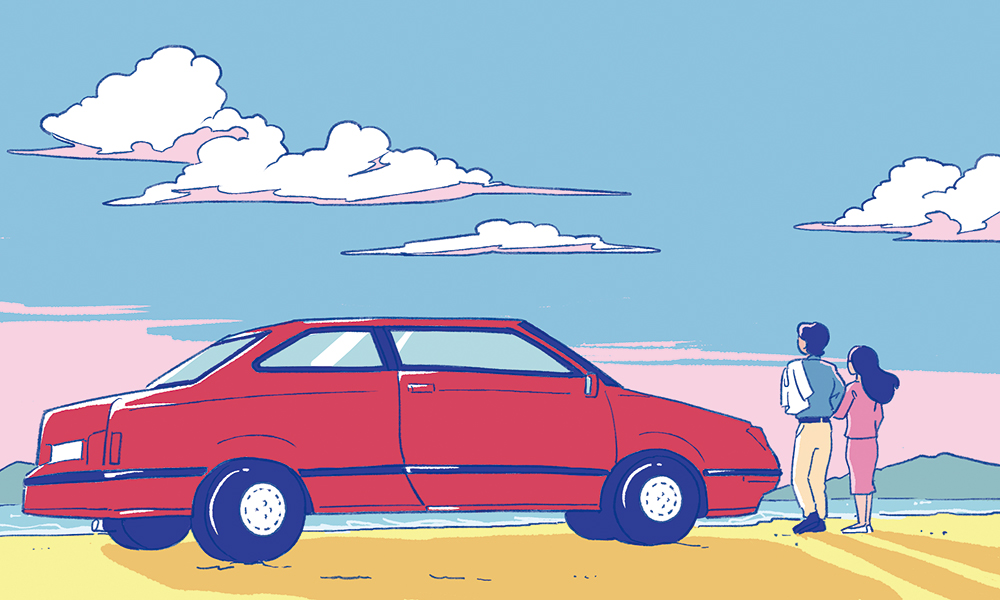 砂浜に停めた赤い車と海を眺める男女のカップルのイラスト