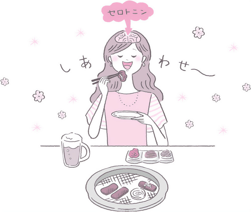 幸せホルモン「セロトニン」が分泌される食事を楽しむ女性のイラスト