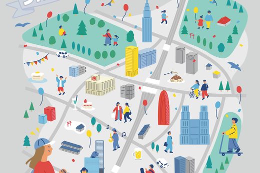 新宿の街並みと観光スポットをフラットに描いた俯瞰図のイラスト