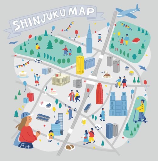 新宿の街並みと観光スポットをフラットに描いた俯瞰図のイラスト