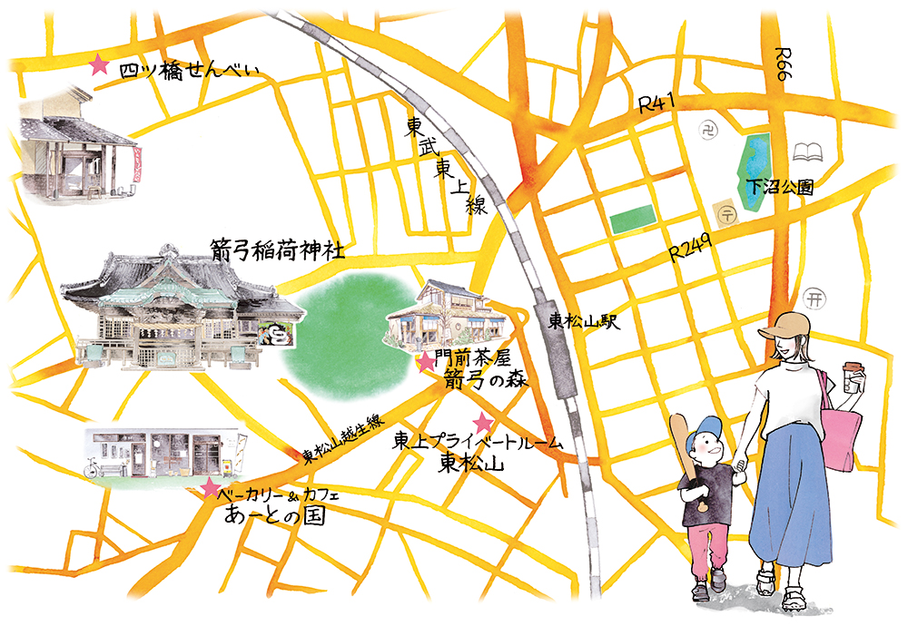 観光マップ 神社 周辺施設 家族旅行イラスト
