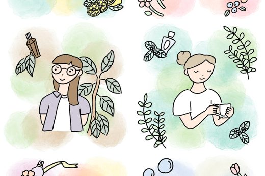 シンプル線画の人物と花や香水のアイテム
