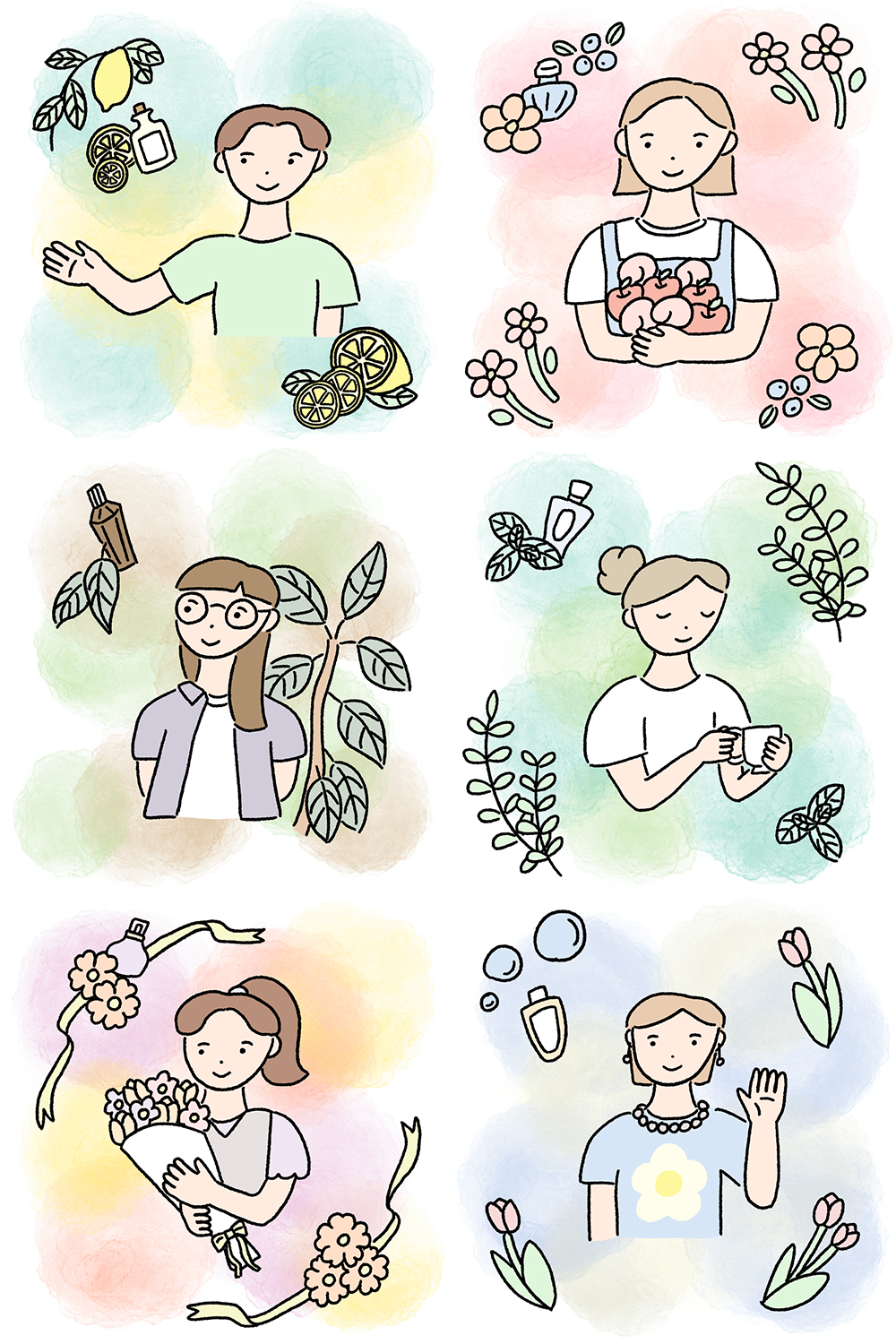 シンプル線画の人物と花や香水のアイテム