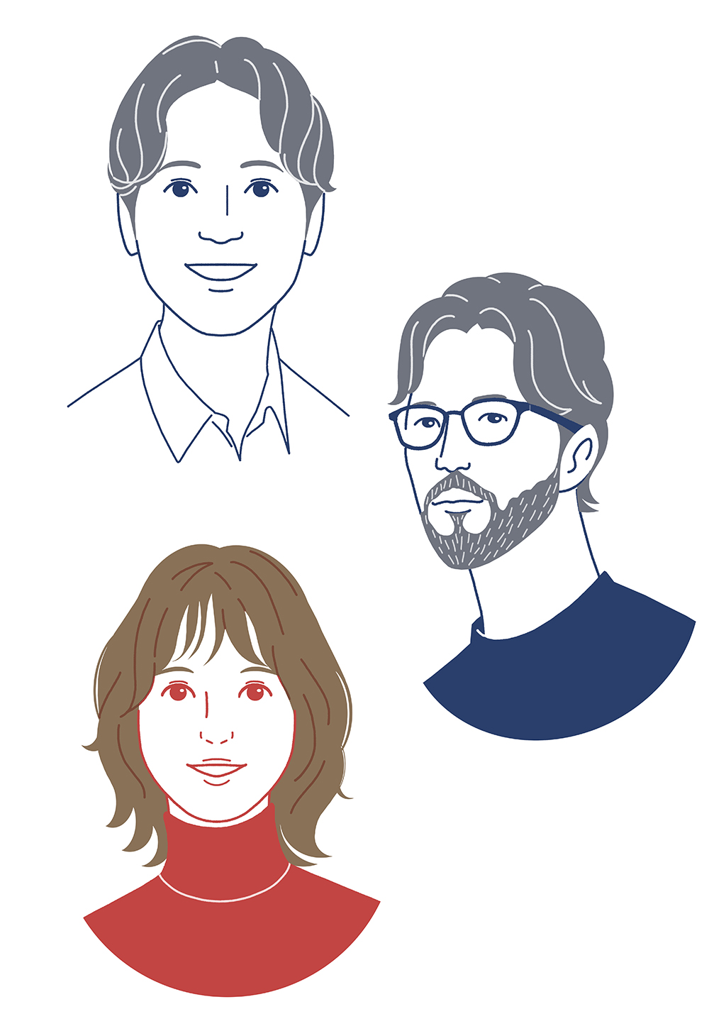 3人のシンプルな線画ポートレート