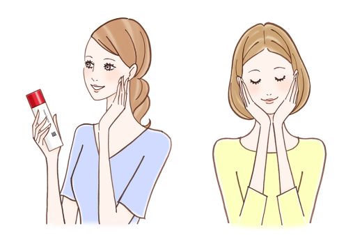 化粧水を使う女性と顔を包む女性のスキンケアイラスト