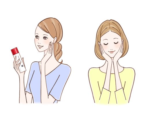 化粧水を使う女性と顔を包む女性のスキンケアイラスト