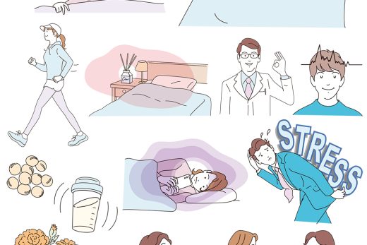 睡眠と健康習慣に関するイラスト、運動・食事・ストレス対策など複数要素