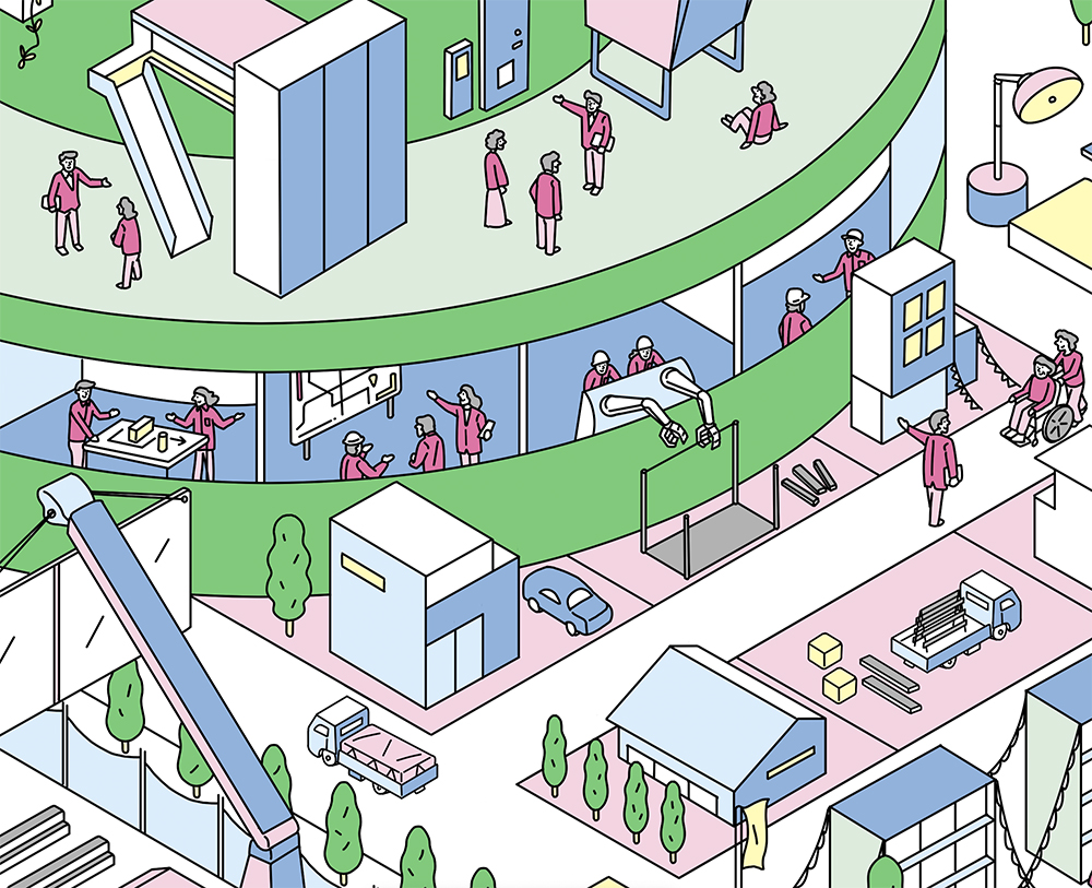 未来都市 工場 俯瞰図 ロボット 共働